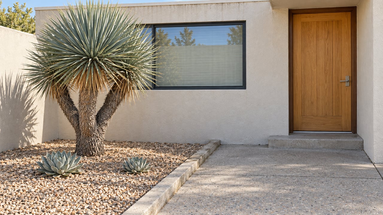 Sunlit stucco bungalow entry with a wood door, charcoal-framed window, concrete walk and sculptural yucca in a gravel bed.