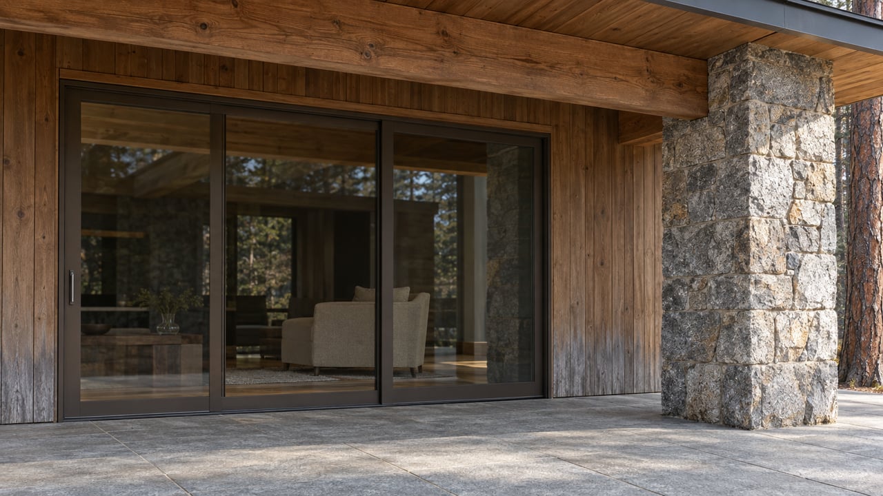 Covered porch with weathered cedar siding, timber beams, closed bronze-framed glass doors and a granite pier in cool autumn light.