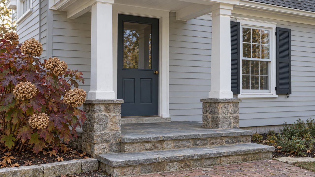 Covered entrance of a light-gray clapboard home with a slate-blue door, bluestone steps, and burgundy oakleaf hydrangea.