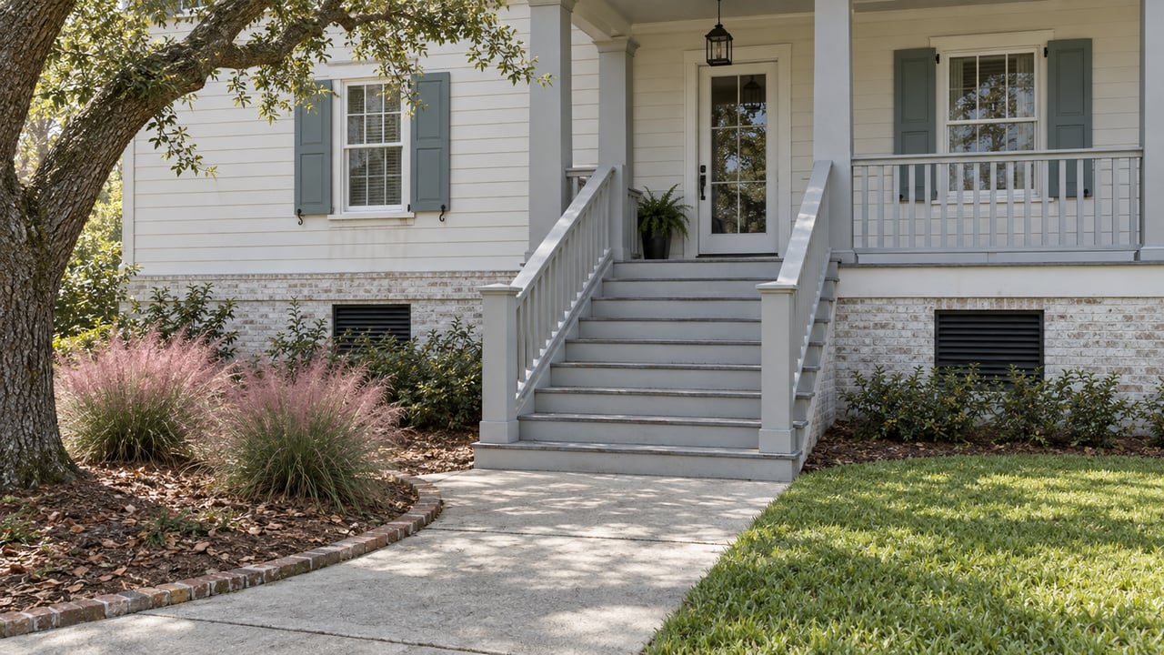 Elevated view of a light-sided raised home with a covered porch, paired stair rails, and a landscaped concrete approach beneath a live oak.