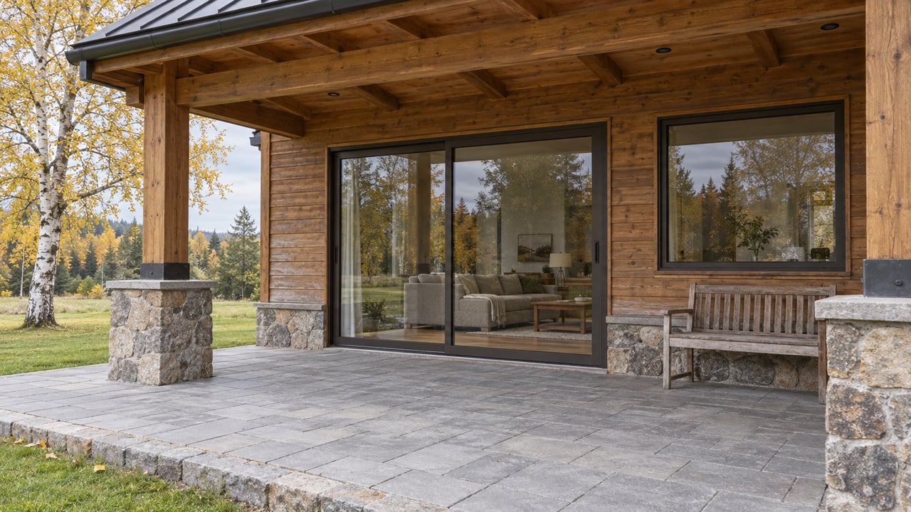 Covered timber terrace with weathered wood siding, closed glass doors, stone paving and a yellow-leaved paper birch beside the lawn.