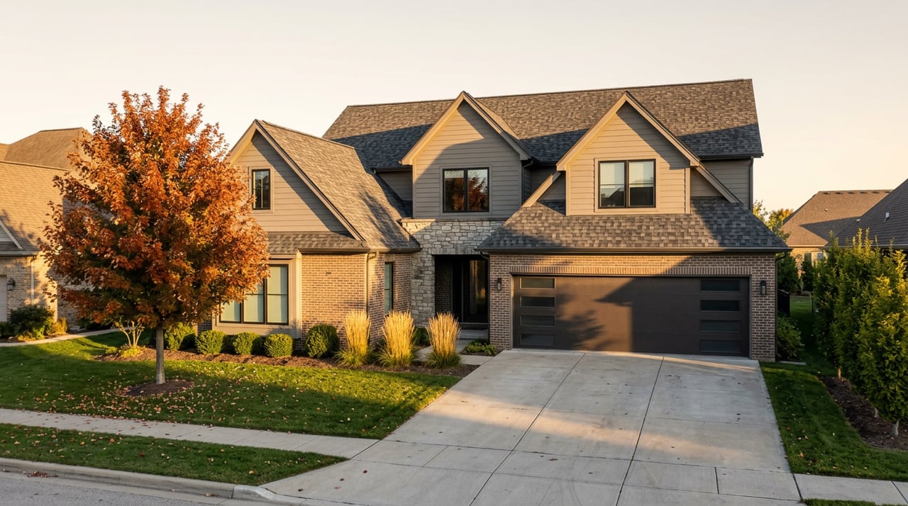 Two-story gabled house with brick and gray siding, a red-orange maple, and long shadows across the lawn.