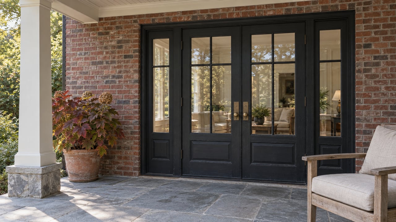 Brick home's covered bluestone terrace with closed black French doors, a weathered teak chair and bronze-leaved oakleaf hydrangea.