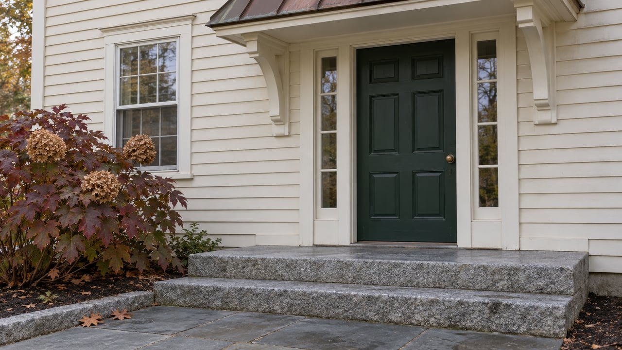 Ivory clapboard house entrance with a green door, aged copper canopy, granite steps and burgundy oakleaf hydrangea.
