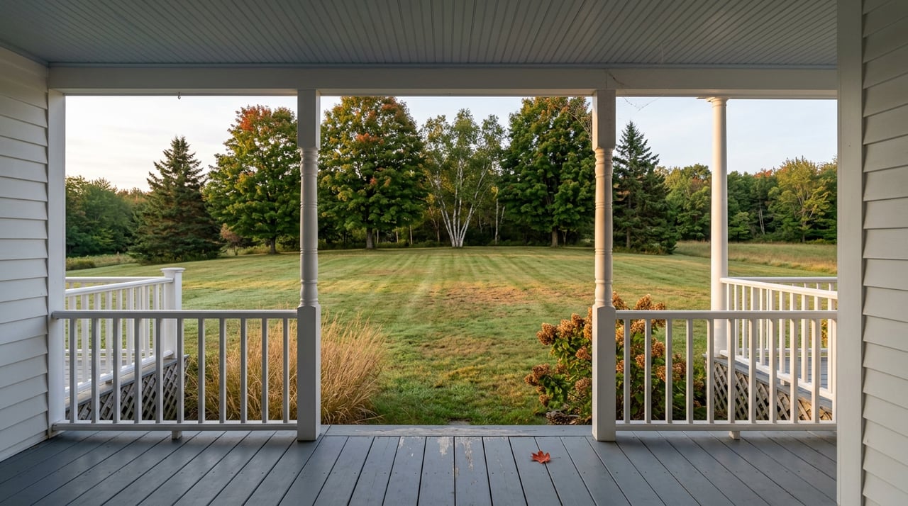 A covered farmhouse porch frames a lawn and mixed tree line in early morning light.