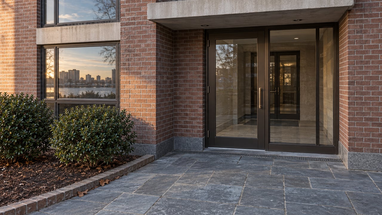 A recessed bronze-framed apartment entrance in red-brown brick, with blue-gray stone paving and two inkberry shrubs.