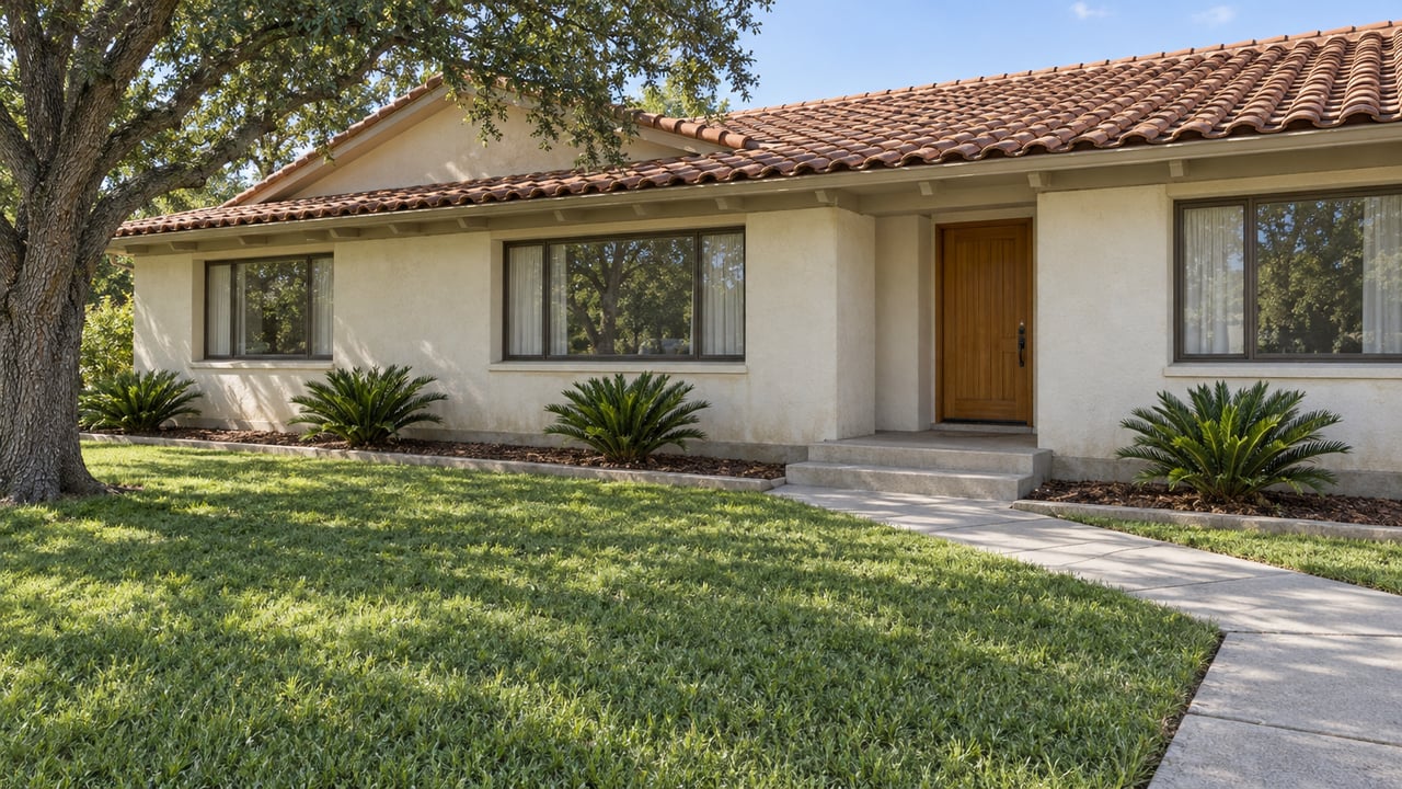 Cream stucco home with a terracotta tile roof, deep green front lawn, spreading live oak, and a concrete walk leading to a recessed timber door.