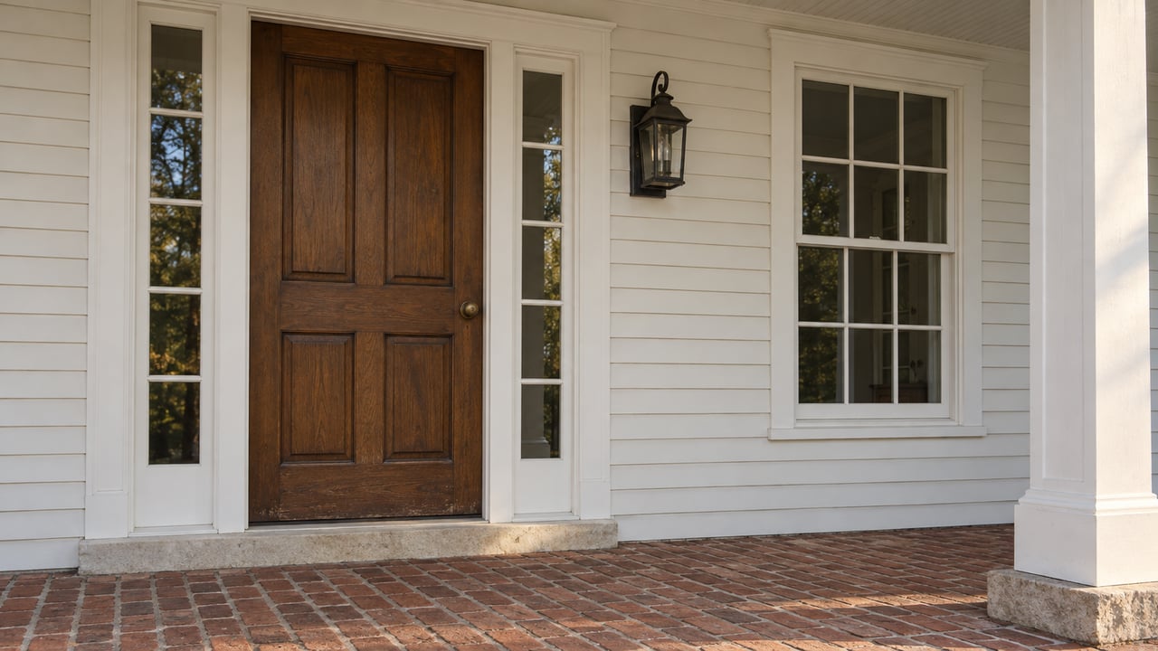 Close view of a covered white clapboard entry with a stained wood door, matching sidelights and weathered red brick porch floor.