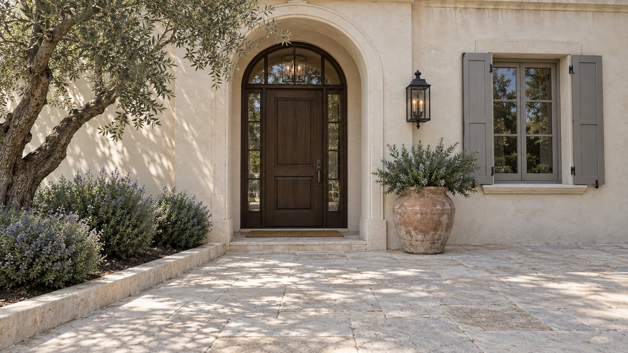 Cream stucco home entry with an arched oak-and-glass doorway, gray shutters, limestone courtyard paving and a sculptural olive tree.