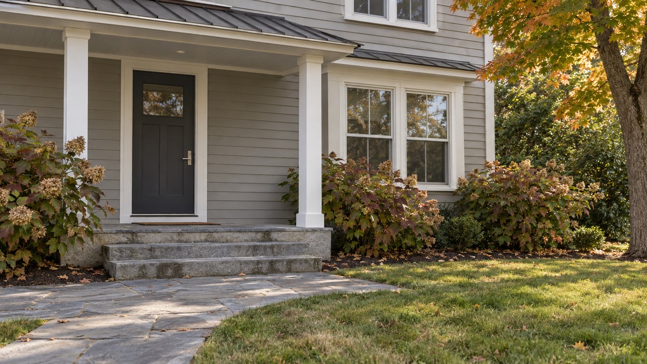 Updated gray clapboard home with a charcoal front door, granite steps, flagstone approach, and autumn hydrangeas.