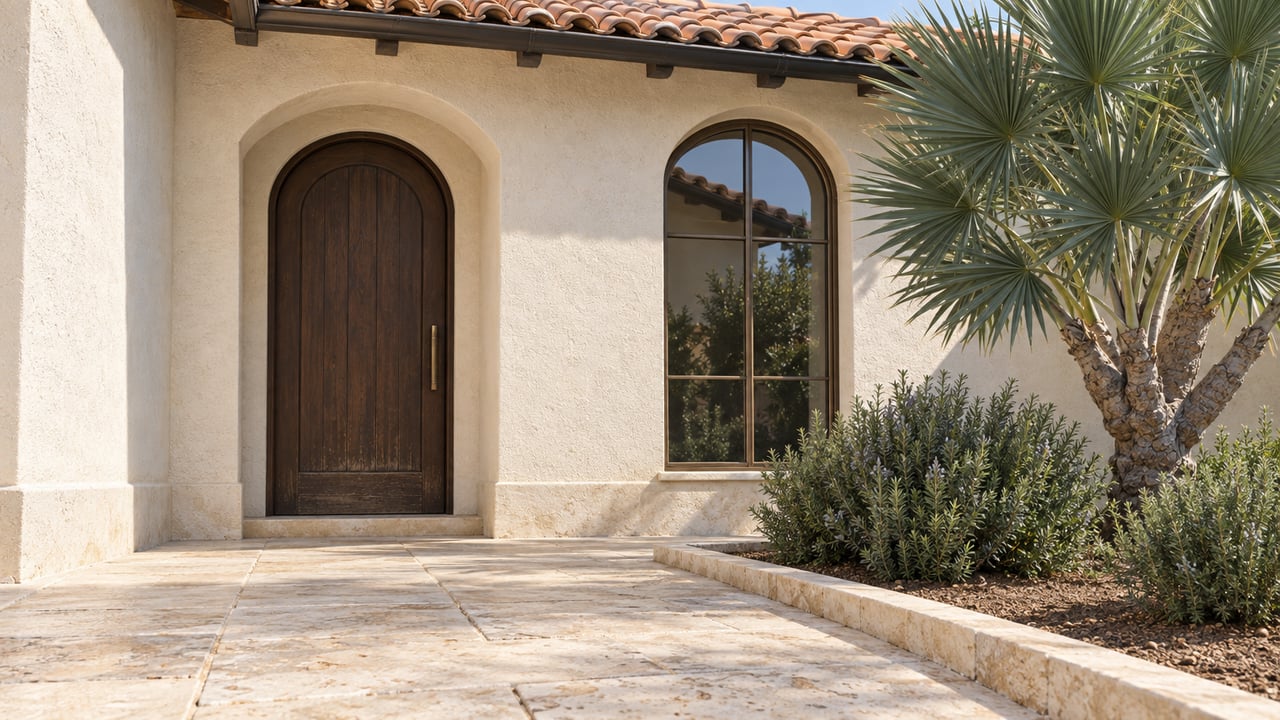 Ivory stucco home with a dark oak arched door, tall bronze-framed window, terracotta roof, and limestone approach beside sculptural fan aloe and rosemary.
