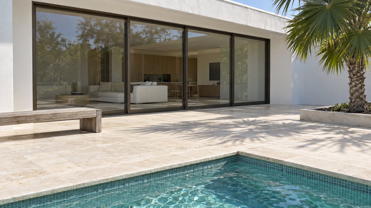 White modern home with closed bronze-framed sliding glass doors, a limestone terrace, turquoise-tiled pool corner and a single fan palm.