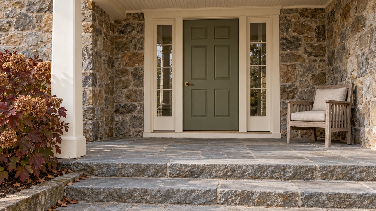 Fieldstone home entry with an olive door, matching glazed sidelights, worn flagstone steps and an oak chair beside autumn oakleaf hydrangea.