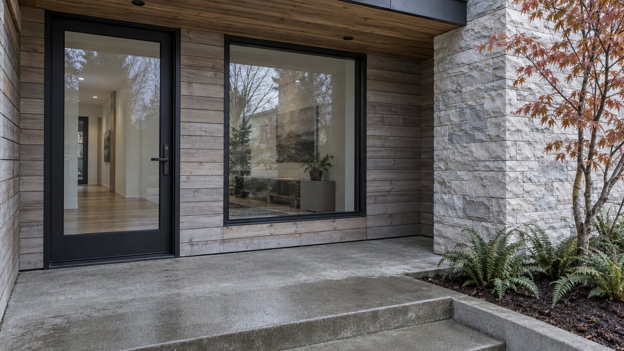 Contemporary covered home entrance with weathered cedar, pale stone, black-framed glazing and a damp concrete landing beside vine maple and sword ferns.