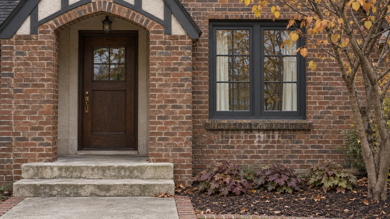 Weathered brick home entry with a glazed oak door, limestone steps, paired dark casement windows and autumn planting.