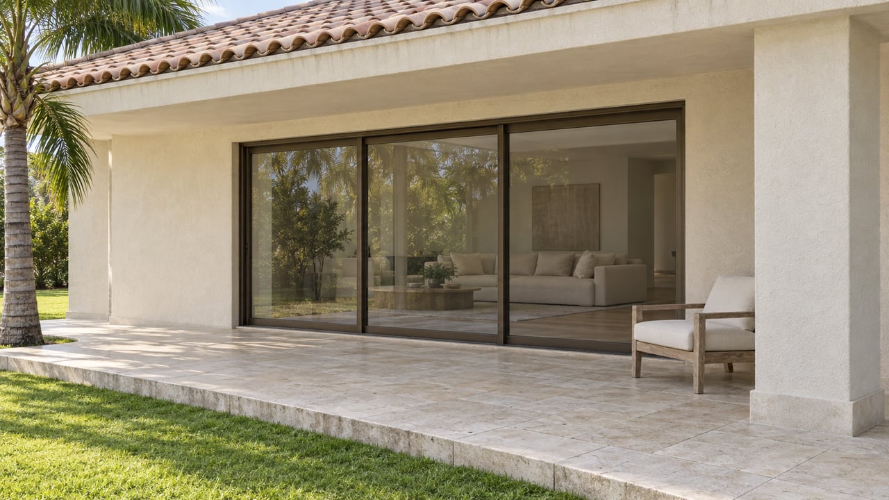Cream stucco home with a tiled roof, closed bronze-framed glass doors and a shaded limestone terrace beside a sunlit lawn and specimen palm.