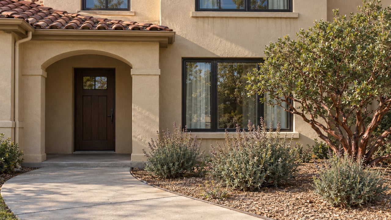 Buff stucco home with a red clay tile roof, recessed arched entry, concrete front walk and sculptural manzanita planting.