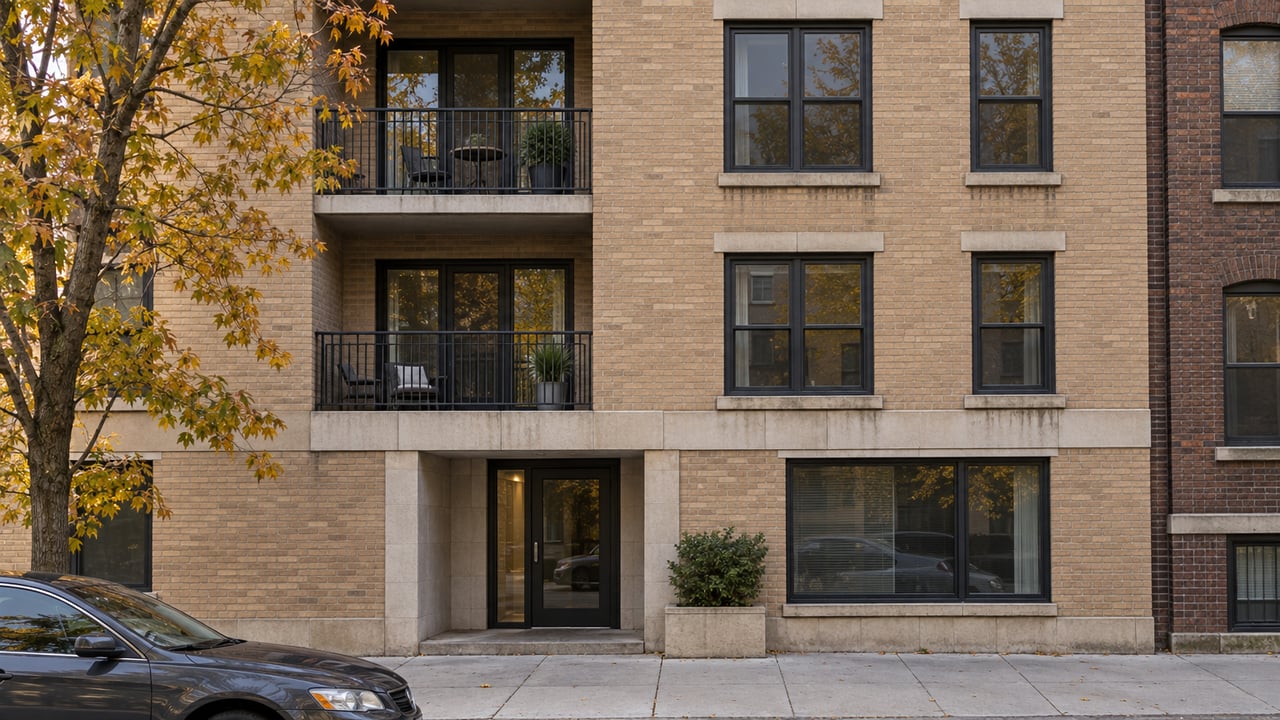 Tan brick condominium with recessed balconies, dark-framed windows, and a charcoal sedan parked beside the sidewalk.