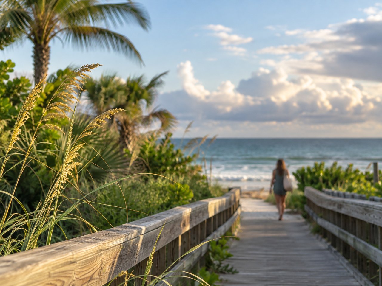 Woman walking toward the ocean on a palm-lined wooden beach boardwalk.