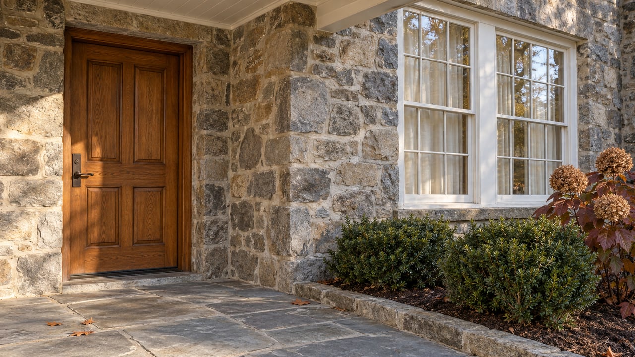 Sunlit fieldstone entrance with a closed oak door, divided-light window and weathered flagstone terrace beside autumn planting.