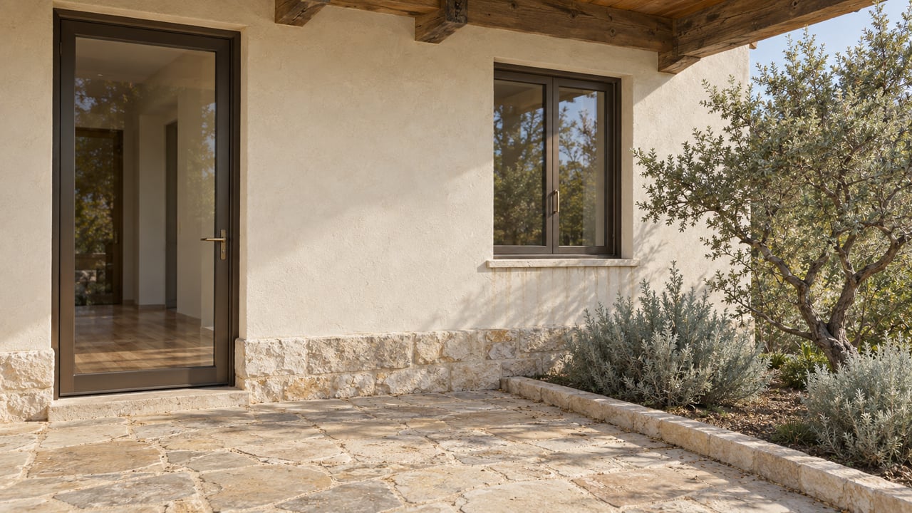 Detached house terrace with a timber eave, cream plaster wall, bronze-framed glass doors, and silvery plants.