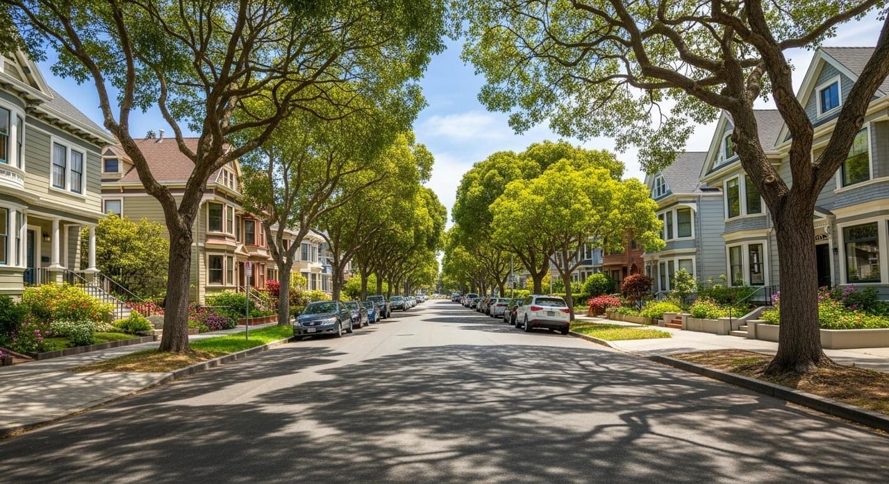 Tree-lined residential street with detached homes, parked cars, and leafy shade trees.