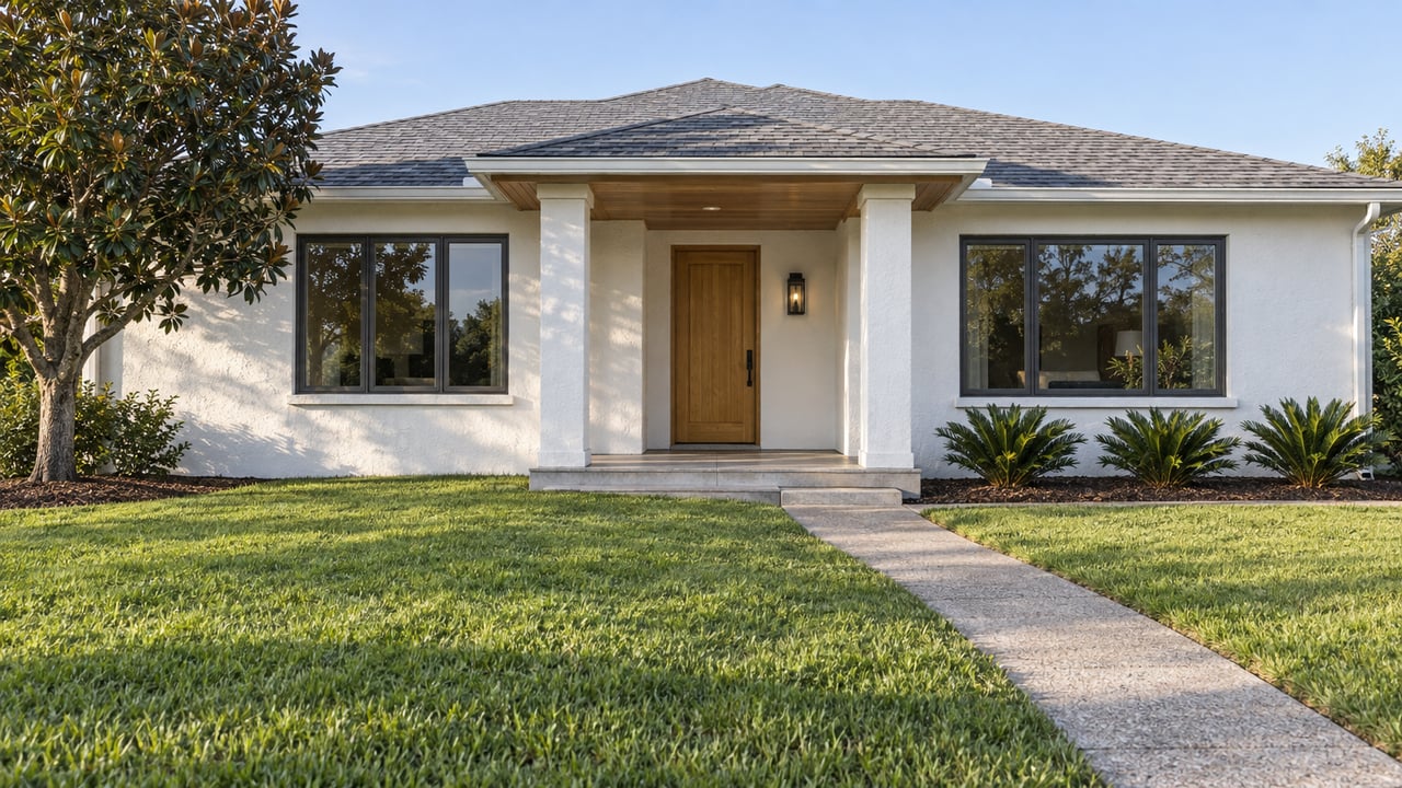 White single-story home with a shaded wood-accented porch, broad front lawn and magnolia tree in warm afternoon light.