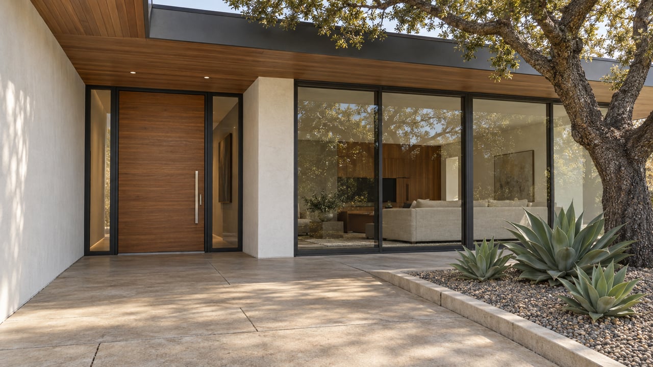 Modern home entrance with a wood front door, broad glass windows, and mature landscaping.