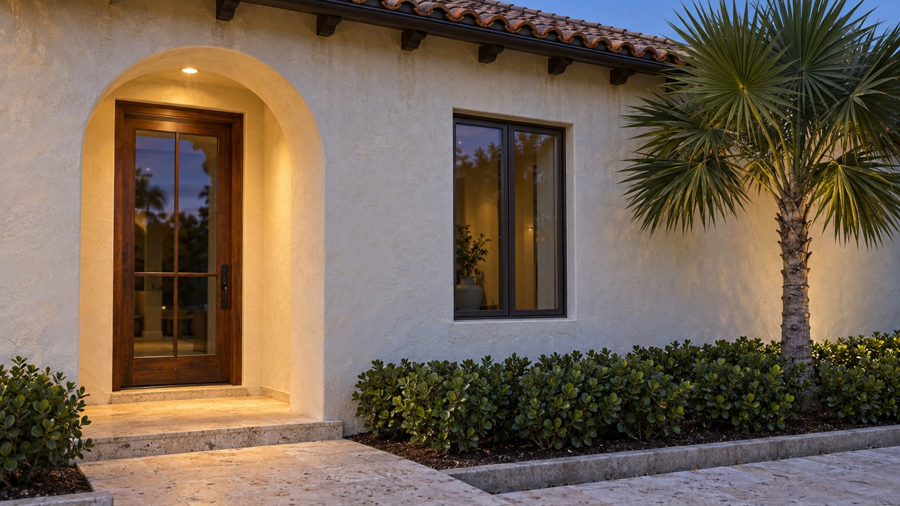 Ivory stucco entry with an arched glass door, casement window, fan palm, and warm recessed light at dusk.