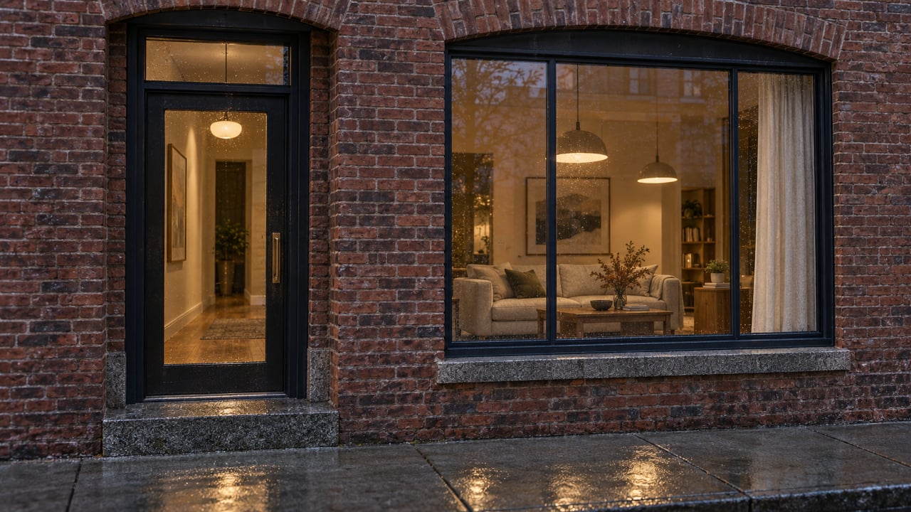 Rain-darkened brick residential entrance beside a tall glazed loft window, with warm interior light and a granite doorstep.
