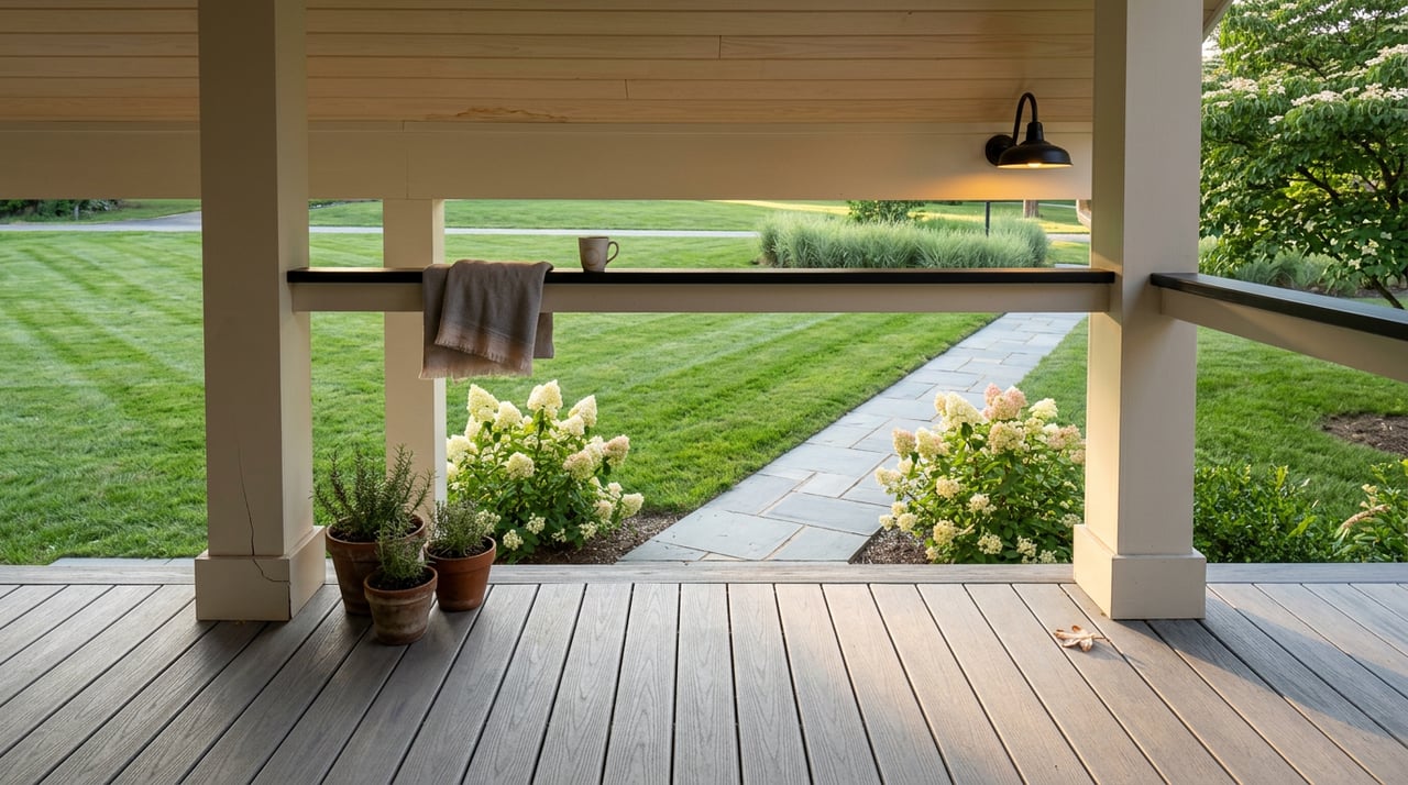 Covered porch with rosemary pots overlooks a bluestone path, blooming hydrangeas, and a mown lawn.