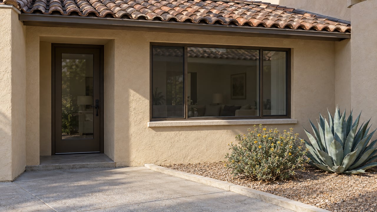 Sand-stucco condominium with a weathered clay-tile roof, glazed entry, broad window, agave, and small shrub.