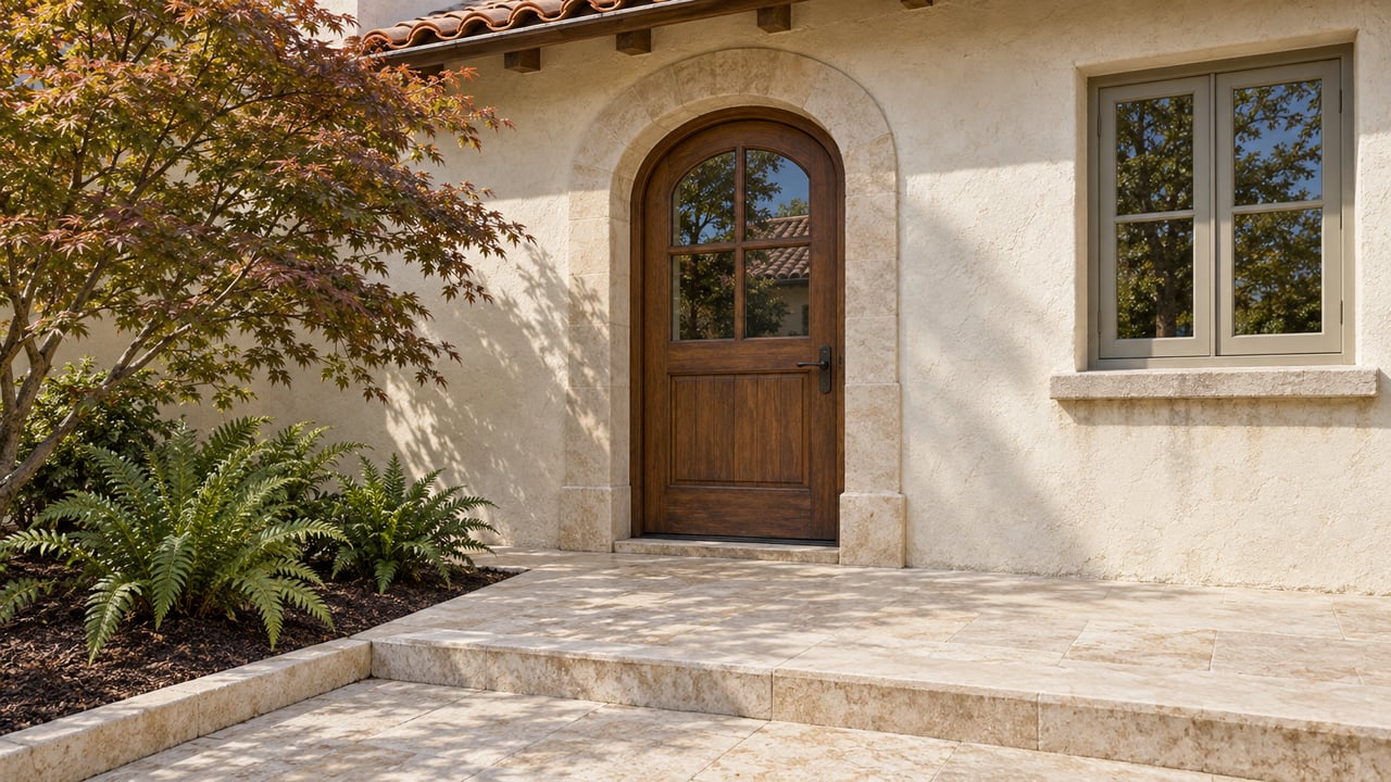 Arched oak-and-glass entry in cream stucco beneath terra-cotta tiles, with a limestone landing and a Japanese maple beside a fern bed.