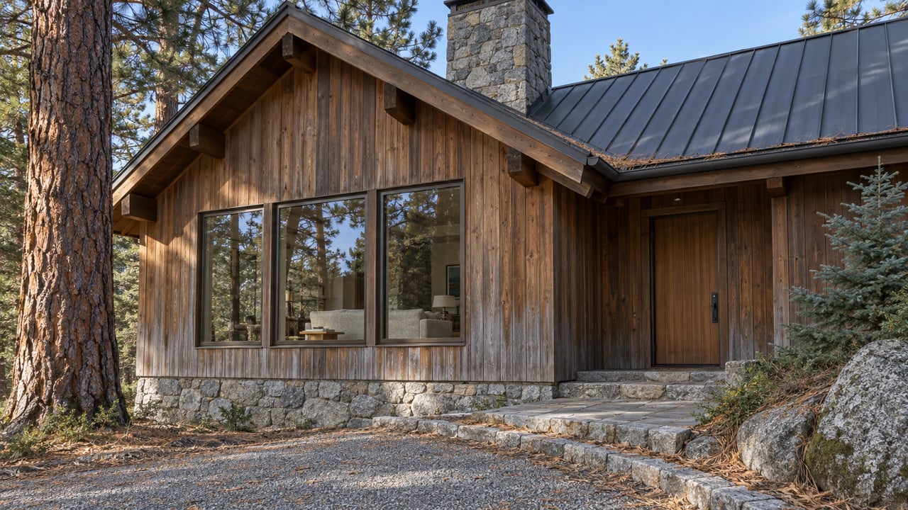 Cedar home with a steep metal roof, granite chimney and closed living-room windows on a wooded, sloping lot.