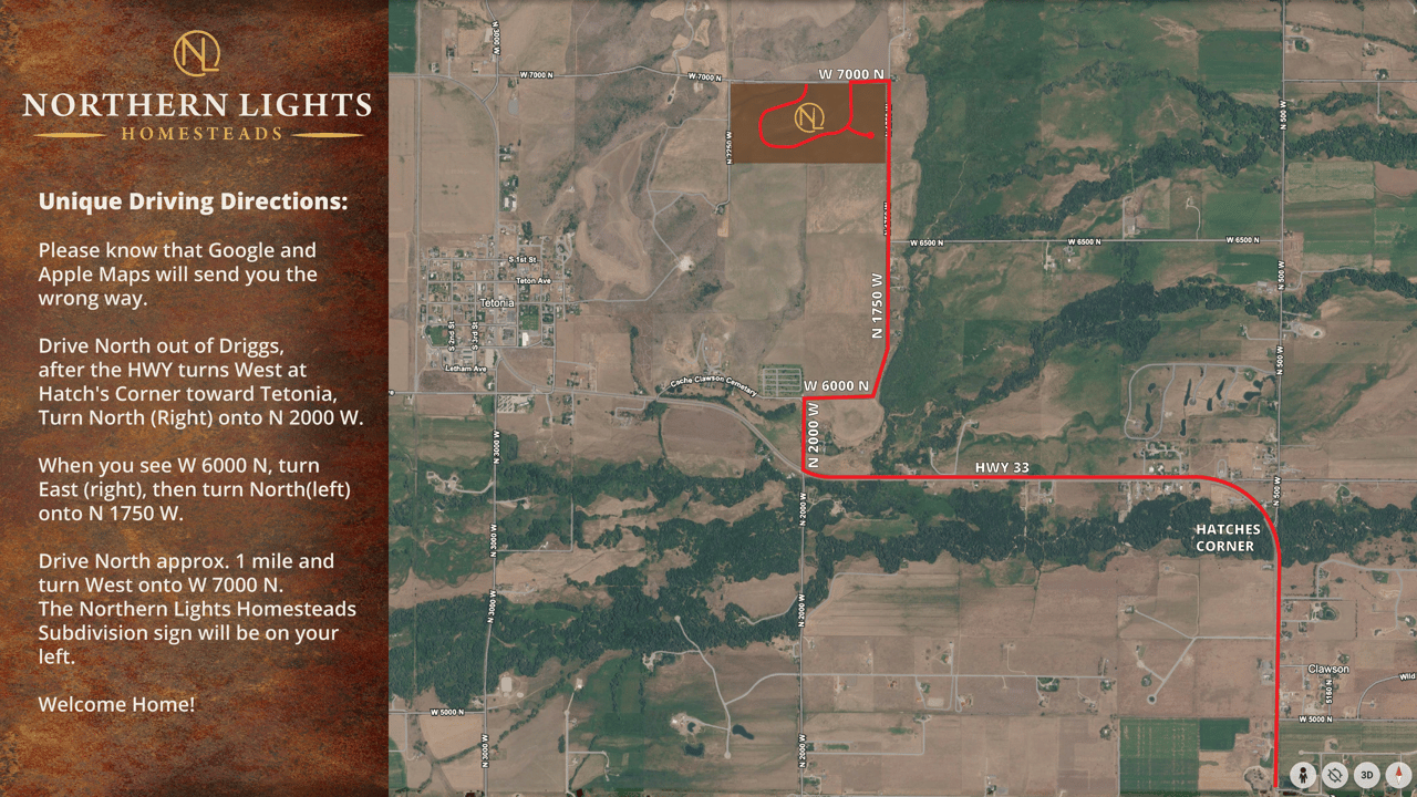 Driving directions and marked route to Northern Lights Homesteads near Tetonia.
