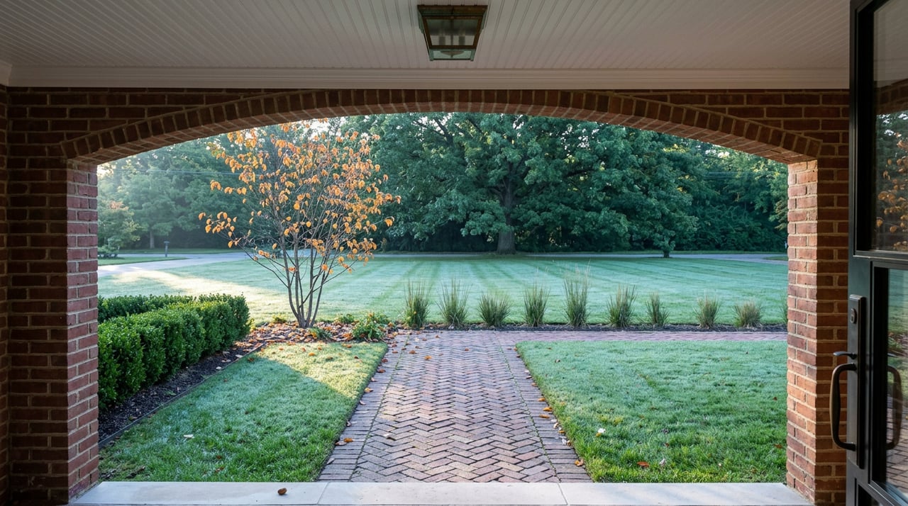 A herringbone brick walkway crosses a dew-covered lawn toward a mature oak, framed by a white portico arch.