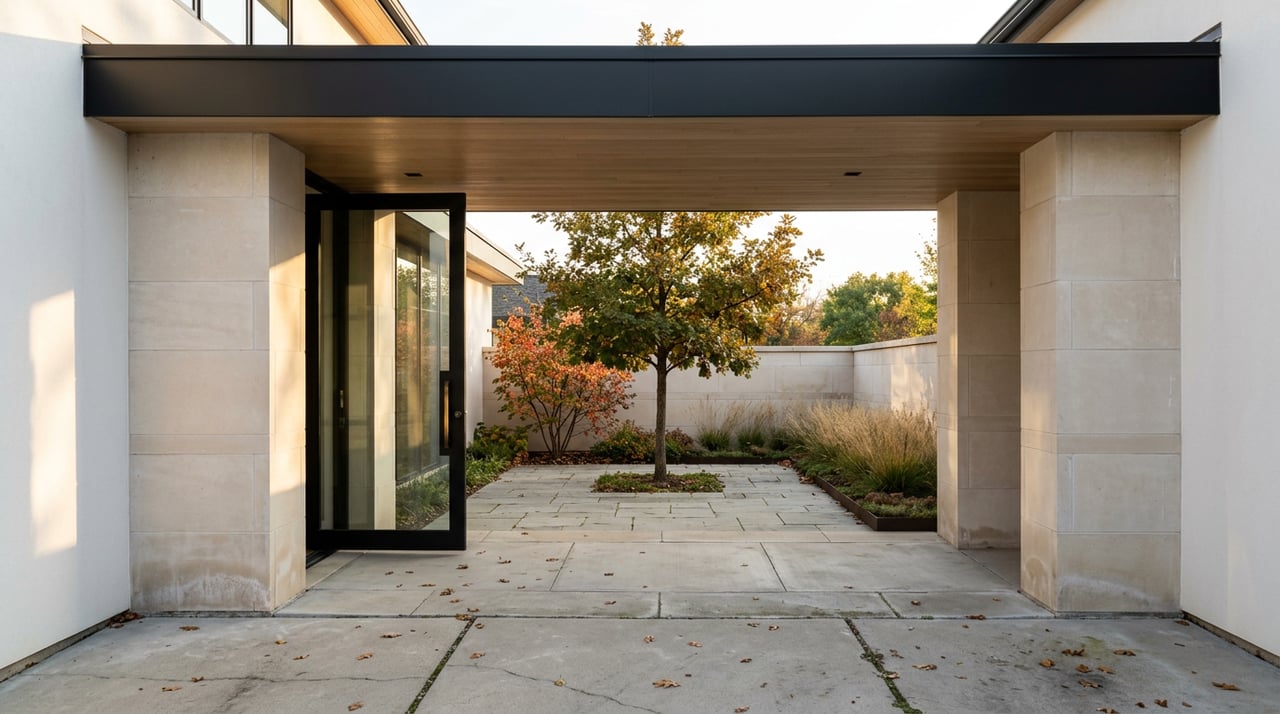 Stone-framed entry with an ajar black pivot door opens onto a courtyard with a bronze-gold oak and fallen leaves.
