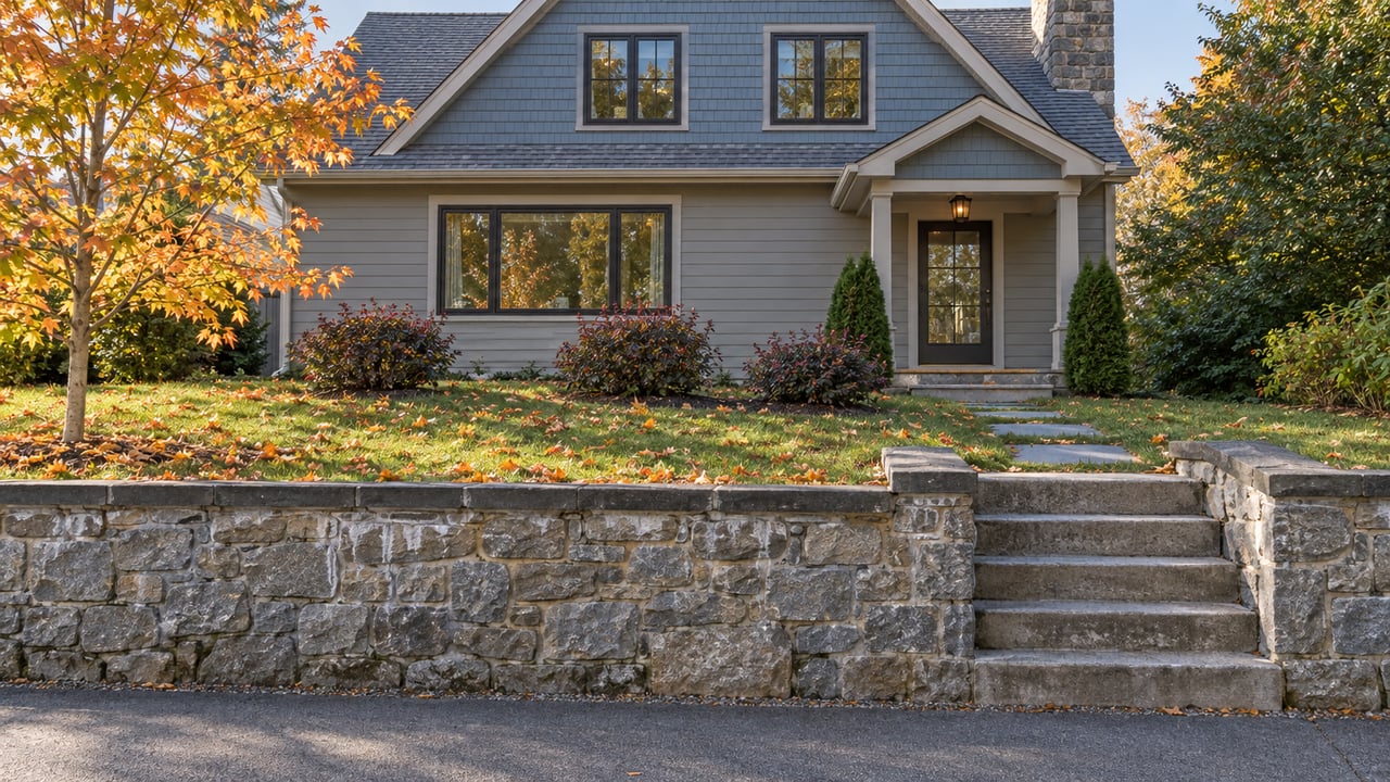 Gray fieldstone retaining wall and steps lead up a planted terrace to a two-story gray house.