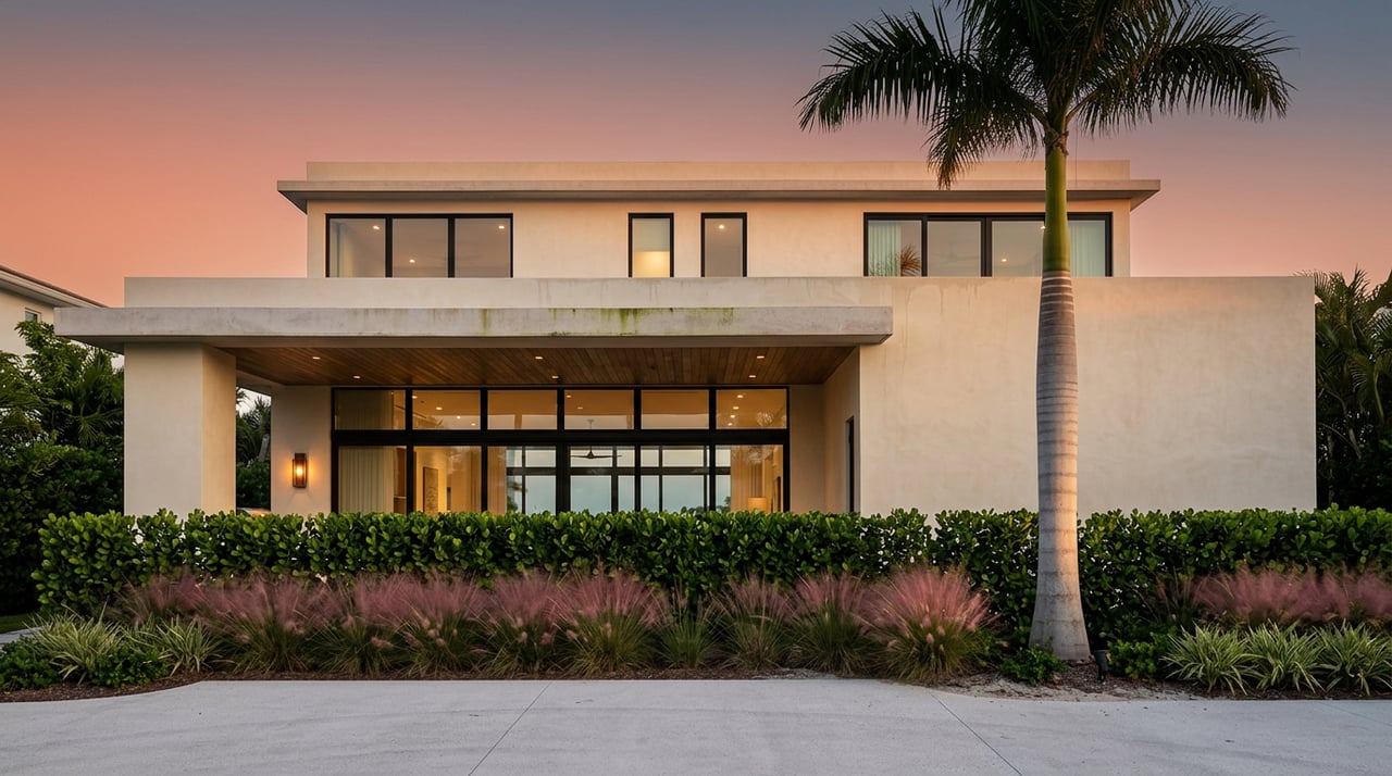 Two-story stucco coastal home with black-framed glass, covered loggia, and a royal palm at dusk.