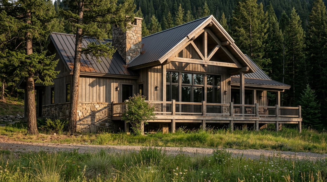 Mountain home with fieldstone walls, cedar siding, timber truss, and wraparound deck above a native meadow.