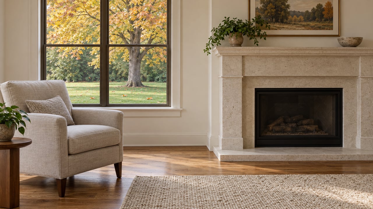 Sunlit living room with a linen armchair, limestone fireplace, oak floor and an autumn maple beyond closed bronze-framed windows.