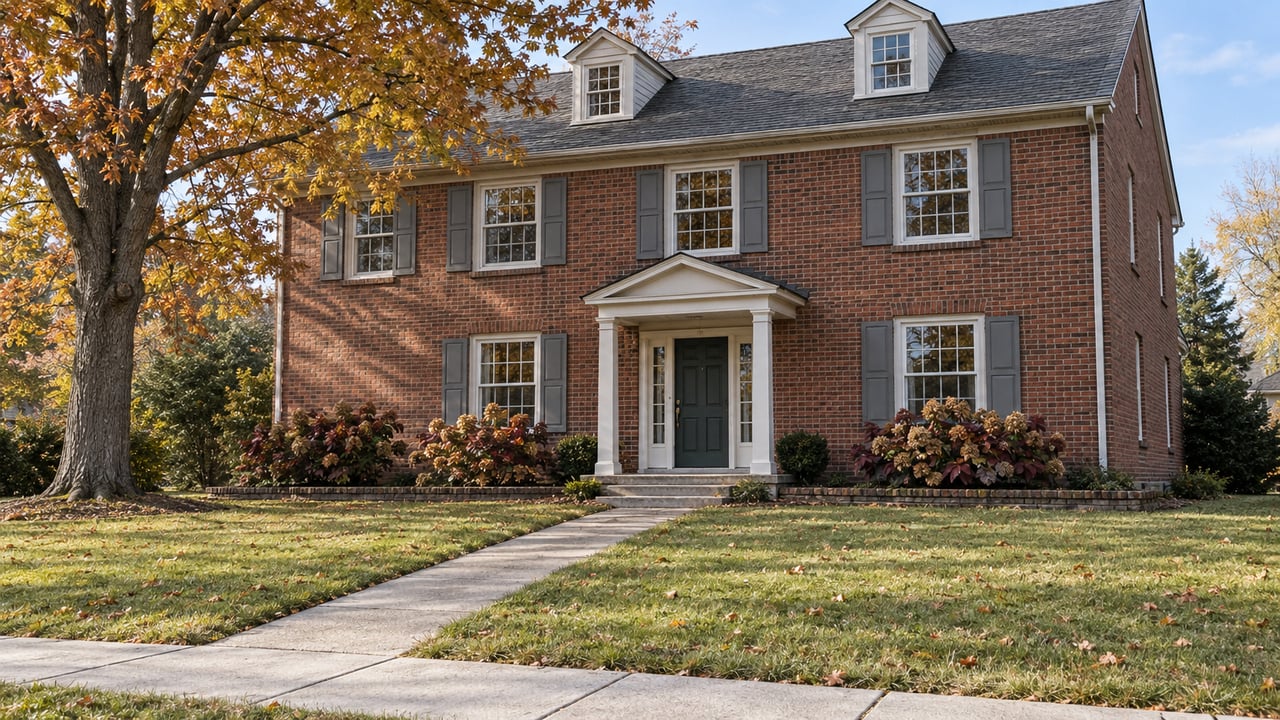 A two-story red-brick home behind a deep autumn lawn, with gray shutters, a white portico and a copper-leaved sugar maple.
