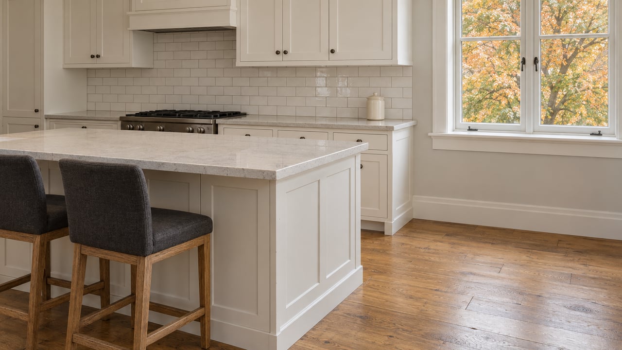 Daylit white shaker kitchen with a pale quartz island, two dark stools and autumn maple foliage beyond a closed window.