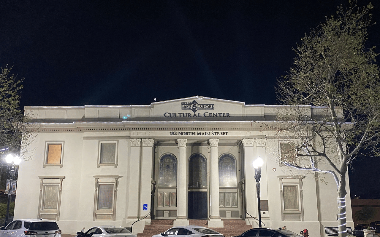 Exterior view of the historic Lake Elsinore Cultural Center building in downtown Lake Elsinore, CA.