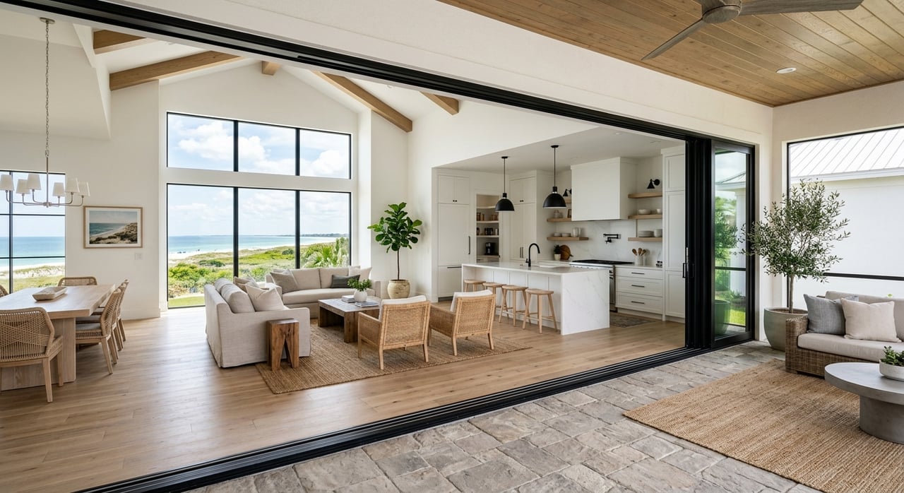 Covered limestone patio opens through black-framed sliders to a living area and quartzite kitchen island.