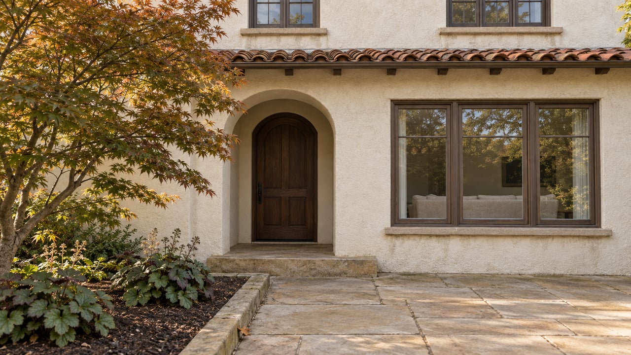 Warm stucco home with an arched oak entry, glazed wood windows, sandstone approach and a mature Japanese maple.