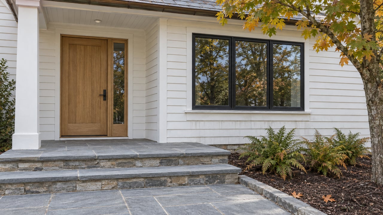 White clapboard home with an oak entry door, black-framed window and worn bluestone steps beside autumn sugar maple foliage.