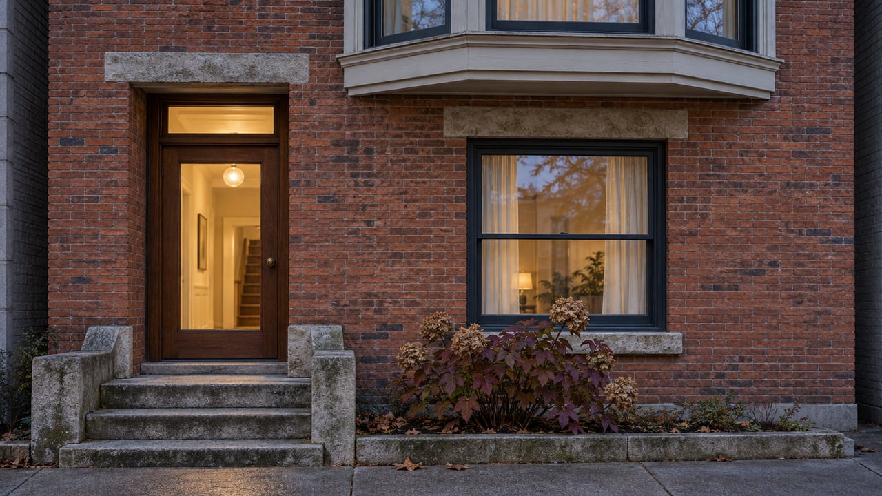 Brick townhouse entry at dusk with limestone steps, cream timber bay windows and burgundy oakleaf hydrangea.