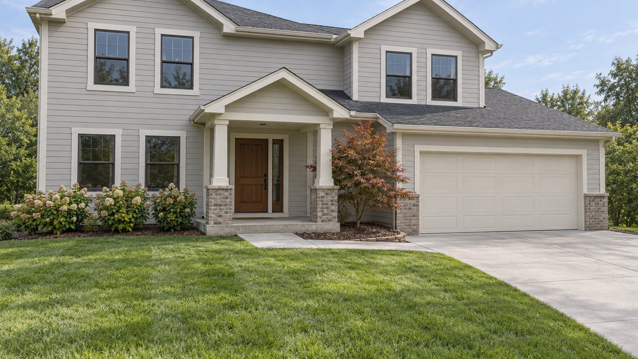 Two-story gray-sided home with a shallow front porch, attached garage, deep lawn and early autumn planting.