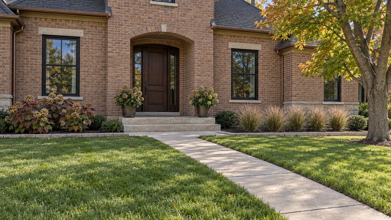 Brick home with a limestone entry, deep front lawn, amber-tipped maple and autumn planting in clear morning light.